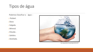 Tipos de água 
Podemos Classificar a água : 
o Potável. 
oDoce. 
oSalgada. 
oMineral. 
oPoluída . 
oSalobra. 
oDestilada. 
http://aguasdobrasil.org/category/edicao-06 
 