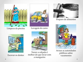 Limpeza da piscina Lavagem do carro 
Preparo de alimentos 
Escovar os dentes 
Varrer a calçada é 
melhor do que lavar com 
a mangueira 
Avisar as autoridades 
públicas sobre 
vazamentos 
 