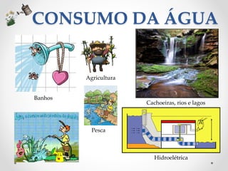 CONSUMO DA ÁGUA 
Agricultura 
Cachoeiras, rios e lagos 
Hidroelétrica 
Pesca 
Banhos 
 