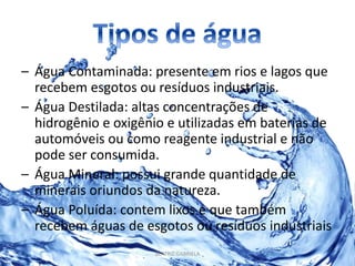 – Água Contaminada: presente em rios e lagos que 
recebem esgotos ou resíduos industriais. 
– Água Destilada: altas concentrações de 
hidrogênio e oxigênio e utilizadas em baterias de 
automóveis ou como reagente industrial e não 
pode ser consumida. 
– Água Mineral: possui grande quantidade de 
minerais oriundos da natureza. 
– Água Poluída: contem lixos e que também 
recebem águas de esgotos ou resíduos industriais 
BEATRIZ GABRIELA 
 