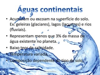 • Acumulam ou escoam na superfície do solo. 
Ex: geleiras (glaciares), lagos (lacustres) e rios 
(fluviais). 
• Representam menos que 3% da massa de 
água existente no planeta. 
• Baixo teor de salinidade. 
• Temperatura variada. 
• Composição dependente do tipo de solo. 
BEATRIZ GABRIELA 
 