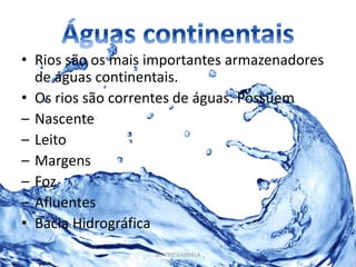 • Rios são os mais importantes armazenadores 
de águas continentais. 
• Os rios são correntes de águas. Possuem 
– Nascente 
– Leito 
– Margens 
– Foz 
– Afluentes 
• Bacia Hidrográfica 
BEATRIZ GABRIELA 
 