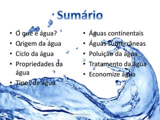 • O que é água? 
• Origem da água 
• Ciclo da água 
• Propriedades da 
água 
• Tipos de água 
• Águas continentais 
• Águas subterrâneas 
• Poluição da água 
• Tratamento da água 
• Economize água 
BEATRIZ GABRIELA 
 