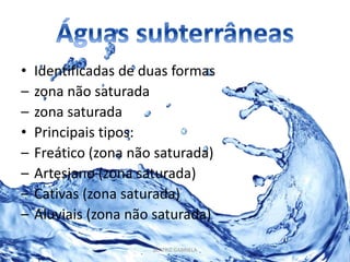 • Identificadas de duas formas 
– zona não saturada 
– zona saturada 
• Principais tipos: 
– Freático (zona não saturada) 
– Artesiano (zona saturada) 
– Cativas (zona saturada) 
– Aluviais (zona não saturada) 
BEATRIZ GABRIELA 
 