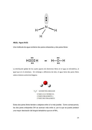 14 
AB2E2: Agua (H2O) 
Una molécula de agua contiene dos pares enlazantes y dos pares libres: 
La distribución global de los cuatro ppares de electrones libres en el agua es tetraédrica, al igual que en el amoníaco. Sin embargo a diferencia de éste, el agua tiene dos pares libres sobre el átomo central de Oxígeno. 
Estos dos pares libres tienden a alejarse entre sí lo más posible. Como consecuencia, los dos pares enlazantes OH se acercan más entre sí, por lo que se puede predecir una mayor desviación del ángulo tetraédrico que en el NH3.  