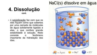 4. Dissolução
cont.
• A solubilização faz com que os
iões fiquem como que cobertos
por uma camada de moléculas
de água solidamente ligadas a
eles, o que confere grande
estabilidade à solução. Nisto
consiste o fenômeno
importante da hidratação dos
iões.
 