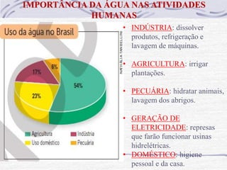 IMPORTÂNCIA DA ÁGUA NAS ATIVIDADES
HUMANAS
• INDÚSTRIA: dissolver
produtos, refrigeração e
lavagem de máquinas.
• AGRICULTURA: irrigar
plantações.
• PECUÁRIA: hidratar animais,
lavagem dos abrigos.
• GERAÇÃO DE
ELETRICIDADE: represas
que farão funcionar usinas
hidrelétricas.
• DOMÉSTICO: higiene
pessoal e da casa.
 