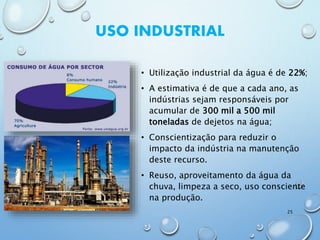 USO INDUSTRIAL
• Utilização industrial da água é de 22%;
• A estimativa é de que a cada ano, as
indústrias sejam responsáveis por
acumular de 300 mil a 500 mil
toneladas de dejetos na água;
• Conscientização para reduzir o
impacto da indústria na manutenção
deste recurso.
• Reuso, aproveitamento da água da
chuva, limpeza a seco, uso consciente
na produção.
25
 