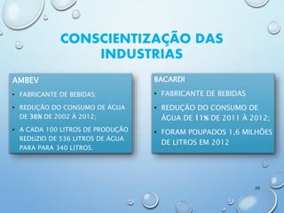 CONSCIENTIZAÇÃO DAS
INDUSTRIAS
AMBEV
• FABRICANTE DE BEBIDAS;
• REDUÇÃO DO CONSUMO DE ÁGUA
DE 36% DE 2002 À 2012;
• A CADA 100 LITROS DE PRODUÇÃO
REDUZIO DE 536 LITROS DE ÁGUA
PARA PARA 340 LITROS.
BACARDI
• FABRICANTE DE BEBIDAS
• REDUÇÃO DO CONSUMO DE
ÁGUA DE 11% DE 2011 À 2012;
• FORAM POUPADOS 1,6 MILHÕES
DE LITROS EM 2012
26
 