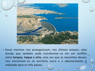• Esses mesmos rios protagonizam, nos últimos tempos, uma
tensão que também pode transformar-se em um conflito
entre turquia, iraque e síria, uma vez que as nascentes desses
rios encontram-se no território turco e o abastecimento é
realizado para os três países.
42
 