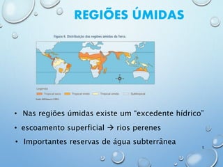 REGIÕES ÚMIDAS
• Nas regiões úmidas existe um “excedente hídrico”
• escoamento superficial  rios perenes
• Importantes reservas de água subterrânea
5
 