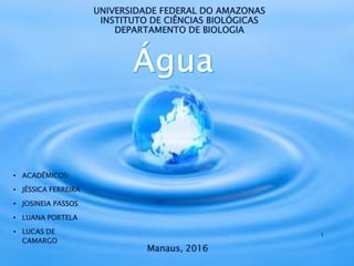 UNIVERSIDADE FEDERAL DO AMAZONAS
INSTITUTO DE CIÊNCIAS BIOLÓGICAS
DEPARTAMENTO DE BIOLOGIA
• ACADÊMICOS:
• JÉSSICA FERREIRA
• JOSINEIA PASSOS
• LUANA PORTELA
• LUCAS DE
CAMARGO
Manaus, 2016
1
 
