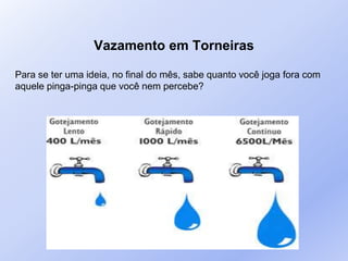 Vazamento em Torneiras
Para se ter uma ideia, no final do mês, sabe quanto você joga fora com
aquele pinga-pinga que você nem percebe?
 