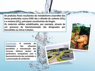Os produtos finais resultantes do metabolismo anaeróbio das
lamas produzidas numa ETAR são o dióxido de carbono (CO2)
e o metano (CH4), principais constituintes do biogás.
Os materiais sólidos estabilizados, por exemplo, através de
um processo de biometanização são designados por
biossólidos ou lamas tratadas.




 Conclusão:     O controlo do
 tratamento      dos    efluentes
 possibilita a manutenção dos
 recursos hídricos dentro de
 parâmetros compatíveis com o
 desenvolvimento das sociedades e
 a preservação do ambiente.
 