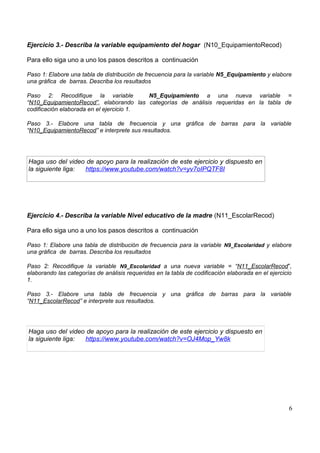 Ejercicio 3.- Describa la variable equipamiento del hogar (N10_EquipamientoRecod)
Para ello siga uno a uno los pasos descritos a continuación
Paso 1: Elabore una tabla de distribución de frecuencia para la variable N5_Equipamiento y elabore
una gráfica de barras. Describa los resultados
Paso 2: Recodifique la variable N5_Equipamiento a una nueva variable =
“N10_EquipamientoRecod”, elaborando las categorías de análisis requeridas en la tabla de
codificación elaborada en el ejercicio 1.
Paso 3.- Elabore una tabla de frecuencia y una gráfica de barras para la variable
“N10_EquipamientoRecod” e interprete sus resultados.
Haga uso del video de apoyo para la realización de este ejercicio y dispuesto en
la siguiente liga: https://www.youtube.com/watch?v=yv7oIPQTF8I
Ejercicio 4.- Describa la variable Nivel educativo de la madre (N11_EscolarRecod)
Para ello siga uno a uno los pasos descritos a continuación
Paso 1: Elabore una tabla de distribución de frecuencia para la variable N9_Escolaridad y elabore
una gráfica de barras. Describa los resultados
Paso 2: Recodifique la variable N9_Escolaridad a una nueva variable = “N11_EscolarRecod”,
elaborando las categorías de análisis requeridas en la tabla de codificación elaborada en el ejercicio
1.
Paso 3.- Elabore una tabla de frecuencia y una gráfica de barras para la variable
“N11_EscolarRecod” e interprete sus resultados.
Haga uso del video de apoyo para la realización de este ejercicio y dispuesto en
la siguiente liga: https://www.youtube.com/watch?v=OJ4Mop_Yw8k
6
 