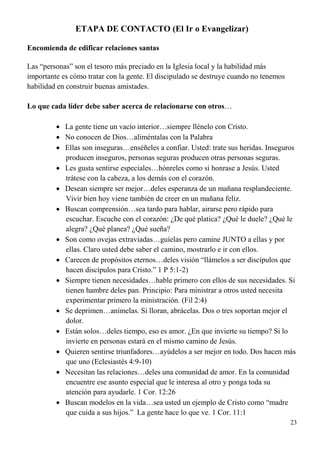 23
ETAPA DE CONTACTO (El Ir o Evangelizar)
Encomienda de edificar relaciones santas
Las “personas” son el tesoro más preciado en la Iglesia local y la habilidad más
importante es cómo tratar con la gente. El discipulado se destruye cuando no tenemos
habilidad en construir buenas amistades.
Lo que cada líder debe saber acerca de relacionarse con otros…
 La gente tiene un vacío interior…siempre llénelo con Cristo.
 No conocen de Dios…aliméntalas con la Palabra
 Ellas son inseguras…enséñeles a confiar. Usted: trate sus heridas. Inseguros
producen inseguros, personas seguras producen otras personas seguras.
 Les gusta sentirse especiales…hónreles como si honrase a Jesús. Usted
trátese con la cabeza, a los demás con el corazón.
 Desean siempre ser mejor…deles esperanza de un mañana resplandeciente.
Vivir bien hoy viene también de creer en un mañana feliz.
 Buscan comprensión…sea tardo para hablar, airarse pero rápido para
escuchar. Escuche con el corazón: ¿De qué platica? ¿Qué le duele? ¿Qué le
alegra? ¿Qué planea? ¿Qué sueña?
 Son como ovejas extraviadas…guíelas pero camine JUNTO a ellas y por
ellas. Claro usted debe saber el camino, mostrarlo e ir con ellos.
 Carecen de propósitos eternos…deles visión “llámelos a ser discípulos que
hacen discípulos para Cristo.” 1 P 5:1-2)
 Siempre tienen necesidades…hable primero con ellos de sus necesidades. Si
tienen hambre deles pan. Principio: Para ministrar a otros usted necesita
experimentar primero la ministración. (Fil 2:4)
 Se deprimen…anímelas. Si lloran, abrácelas. Dos o tres soportan mejor el
dolor.
 Están solos…deles tiempo, eso es amor. ¿En que invierte su tiempo? Si lo
invierte en personas estará en el mismo camino de Jesús.
 Quieren sentirse triunfadores…ayúdelos a ser mejor en todo. Dos hacen más
que uno (Eclesiastés 4:9-10)
 Necesitan las relaciones…deles una comunidad de amor. En la comunidad
encuentre ese asunto especial que le interesa al otro y ponga toda su
atención para ayudarle. 1 Cor. 12:26
 Buscan modelos en la vida…sea usted un ejemplo de Cristo como “madre
que cuida a sus hijos.” La gente hace lo que ve. 1 Cor. 11:1
 