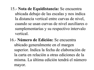 15.-  Nota de Equidistancia:  Se encuentra ubicada debajo de las escalas y nos indica la distancia vertical entre curvas de nivel, cuando se usan curvas de nivel auxiliares o sumplementarias y su respectivo intervalo vertical. 16.-  Número de Edición:  Se encuentra ubicado generalmente en el margen superior. Indica la fecha de elaboración de la carta en relación a otras ediciones de la misma. La última edición tendrá el número mayor. 