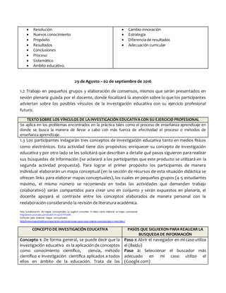  Resolución
 Nuevos conocimiento
 Propósito
 Resultados
 Conclusiones
 Proceso
 Sistemático
 Ámbito educativo.
 Cambio innovación
 Estrategia
 Diferencia de resultados
 Adecuación curricular
29 de Agosto – 02 de septiembre de 2016
1.2 Trabajo en pequeños grupos y elaboración de consensos, mismos que serán presentados en
sesión plenaria guiada por el docente, donde focalizará la atención sobre lo que los participantes
adviertan sobre los posibles vínculos de la investigación educativa con su ejercicio profesional
futuro.
TEXTO SOBRE LOS VÍNCULOS DE LA INVESTIGACIÓN EDUCATIVA CON SU EJERCICIO PROFESIONAL
Se aplica en los problemas encontrados en la práctica tales como el proceso de enseñanza aprendizaje en
donde se busca la manera de llevar a cabo con más fuerza de efectividad el proceso o métodos de
enseñanza aprendizaje.
1.3 Los participantes indagarán tres conceptos de investigación educativa tanto en medios físicos
como electrónicos. Esta actividad tiene dos propósitos: enriquecer su concepto de investigación
educativa y por otro lado se les solicitará que describan a detalle qué pasos siguieron para realizar
sus búsquedas de información (se aclarará a los participantes que este producto se utilizará en la
segunda actividad propuesta). Para lograr el primer propósito los participantes de manera
individual elaborarán un mapa conceptual (en la sección de recursos de esta situación didáctica se
ofrecen links para elaborar mapas conceptuales), los cuales en pequeños grupos (4-5 estudiantes
máximo, el mismo número se recomienda en todas las actividades que demanden trabajo
colaborativo) serán compartidos para crear uno en conjunto y serán expuestos en plenaria, el
docente apoyará el contraste entre los conceptos elaborados de manera personal con la
reelaboración considerando la revisión de literatura académica.
Para la elaboración de mapas conceptuales se sugiere consultar: El video cómo elaborar un mapa conceptual
http://www.youtube.com/watch?v=4ZrZ1TOys8I.
Software para elaborar mapas conceptuales
http://www.maestrodelacomputacion.net/programas-para-crear-mapas-conceptuales-y-mentales/
CONCEPTO DE INVESTIGACIÓN EDUCATIVA PASOS QUE SIGUIERON PARA REALIZAR LA
BUSQUEDA DE INFORMACIÓN
Concepto 1: De forma general, se puede decir que la
investigación educativa es la aplicación de conceptos
como conocimiento científico, ciencia, método
científico e investigación científica aplicados a todos
ellos en ámbito de la educación. Trata de las
Paso 1: Abrir el navegador en mi caso utiliza
el (Baidu)
Paso 2: Seleccionar el buscador más
adecuado en mi caso utilizo el
(Google.com)
 
