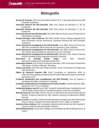 48
Anzueto R, Francisco. 2013. Revista el Cafetal. Edición 35. P. 3. Asociación Nacional del Café
(Anacafé). Guatemala.
Asociación Nacional del Café (Anacafé). 2006. Guía Técnica de Caficultura. P. 20, 25.
Guatemala.
Asociación Nacional del Café (Anacafé). 2014. Guía Técnica de Caficultura. P. 23, 24.
Guatemala.
Asociación Nacional del Café (Anacafé). Abril 2016. Manual Técnico para la Producción de
Café Robusta. Guatemala.
Campos Almengor, Oscar Guillermo. Abril 2015. Boletín Técnico. Manejo Integrado de la
Roya Anaranjada (versión electrónica). Asociación Nacional del Café (Anacafé).
Guatemala.
Centro Nacional de Investigaciones de Café (Cenicafé). Junio 2002. Avances Técnicos No.
300. Tabi. Variedad de café de porte alto con resistencia a roya. Colombia.
Centro Nacional de Investigaciones de Café (Cenicafé). Julio 2005. Avances Técnicos No.
337. Castillo. Nueva variedad con resistencia a la roya. Colombia.
Centro Nacional de Investigaciones de Café (Cenicafé). Diciembre 2012. Avances Técnicos
No.426. Variedad Castillo, preguntas frecuentes. Colombia.
Documento La Variedad Castillo. Origen. Junio 2015. Colombia.
Documents.mx/documento/variedad-castillo.html
Exportadora Atlantic, S. A. Servicio de Manejo Sostenible. 2016. Presentación PowerPoint
“Marsellesa, su Origen y Manejo”. Nicaragua.
Fazuoli, Luis Carlos. Centro de café “Alcides Carvalho”. Brasil. Presentación 23 Congreso de
Café. Guatemala.
Página de Consorcio Pesquisa Café. Brasil. Consultado en Septiembre 2016, en
https://translate.google.com.gt/translate?hl=es&sl=pt&u=http://www.consorciope
squisacafe.com.br
Fundación Salvadoreña para Investigaciones del Café (Procafé). Guía de Especies y
Variedades del Cafeto cultivadas en El Salvador.
Fundación Salvadoreña para Investigaciones del Café (Procafé). Octubre-diciembre 2001.
Boletín No. 129. P. 6-11. El Salvador.
Landaverde Quijano, Juan M. Enero 2007. Fundación Salvadoreña para Investigaciones del
Café (Procafé). Artículo Técnico. Variedad Cuscatleco. Santa Tecla, El Salvador.
Miranda Araúz, M. Abril 2006. Informe Técnico. El Café Geisha de Panamá Rompe Record
Mundial. Programa Nacional de Café. Dirección Nacional de Agricultura (MIDA).
Panamá.
Quijano, Juan M. Junio 2007. Fundación Salvadoreña para Investigaciones del Café (Procafé).
Artículo Técnico. Validación de Nuevos Híbridos F1 de C. arábica. El Salvador.
Santacreo Ponce, Rodney. 2012. Variedades y Mejoramiento Genético de Café. Capítulo 3.
Instituto Hondureño del Café (Ihcafé). Honduras.
World Coffee Research. Junio 2016. Catálogo “Las Variedades de Café de Mesoamérica y el
Caribe”.
 