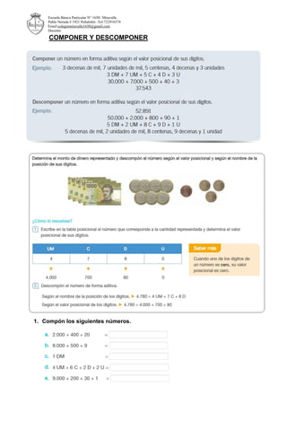 Escuela Básica Particular N° 1650- Miravalle
Pablo Neruda # 1921 Peñalolén -Tel:722910374
E- Email:colegiomiravalle1650@gmail.com
Docente:
COMPONER Y DESCOMPONER
1. Compón los siguientes números.
 