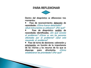 Dentro del diagnóstico se diferencian tres momentos: ♦  Fase de reconocimiento:  detección  de necesidades.  ¿Cómo fueron detectadas? ¿Qué instrumentos se utilizaron?  ¿Por qué? ♦  Fase de diagnóstico:  análisis  de necesidades identificadas.  ¿ En qué consiste el problema.? ¿Cómo se ven las personas afectadas por el problema? ¿Qué está causando  el  problema? ♦  Fase de toma de decisiones: valoración y p riorización , en función de la importancia de las mismas y los recursos de los que se disponga para afrontarlas.  ¿Cómo establecieron las prioridades? ¿Por qué? PARA REFLEXIONAR 