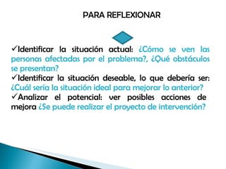 PARA REFLEXIONAR Identificar la situación actual:  ¿Cómo se ven las personas afectadas por el problema?, ¿Qué obstáculos se presentan? Identificar la situación deseable, lo que debería ser:  ¿Cuál sería la situación ideal para mejorar lo anterior?  Analizar  el  potencial:  ver  posibles  acciones  de  mejora  ¿Se puede realizar el proyecto de intervención? 