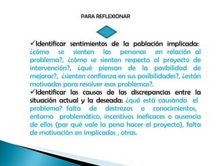 Identificar  sentimientos  de  la  población  implicada:  ¿cómo  se  sienten  las  personas  en relación al problema?, ¿cómo se sienten respecto al proyecto de intervención?, ¿qué piensan de la posibilidad de mejorar?,  ¿sienten confianza en sus posibilidades?, ¿están motivados para resolver esos problemas?.  Identificar las causas de las discrepancias entre la situación actual y la deseada:  ¿qué está causando  el  problema? falta  de  destrezas  o  conocimientos,  entorno  problemático, incentivos ineficaces o ausencia de ellos (por qué vale la pena hacer el proyecto), falta de motivación en implicados , otras. PARA REFLEXIONAR 