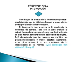 ESTRATEGIAS DE LA INTERVENCIÓN Constituyen la esencia de la intervención y están  condicionadas por los objetivos, los que a su vez vienen dados por el análisis de necesidades. Es importante que se parta de la conciencia de necesidad de cambio. Para ello se debe analizar la actual forma de actuación y lograr que los implicados en ellas  tomen conciencia de la posibilidad de mejora.  Está demostrado que las personas no cambian sus pautas de actuación,  y  menos  aceptan  sugerencias  sobre  otras  nuevas,  si  no  son  conscientes  de  la inadecuación de las mismas.  ¿Qué estrategias han utilizado? ¿Por qué? 
