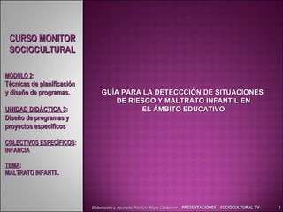 GUÍA PARA LA DETECCCIÓN DE SITUACIONES  DE RIESGO Y MALTRATO INFANTIL EN EL ÁMBITO EDUCATIVO PRESENTACIONES - SOCIOCULTURAL TV Elaboración y docencia: Patricio Reyes Caldarone 