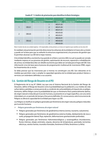 CENTRO NACIONAL DE PLANEAMIENTO ESTRATÉGICO - CEPLAN
35
Cuadro N° 9. Análisis de priorización para identificar la Ruta Estratégica
Prioridad
OEI
Prioridad
AEI
UO Responsable
Código Descripción Código Descripción
1 OEI.01
1 AEI.01.02
2 AEI.01.03
3 AEI.01.01
2 OEI.03
1 AEI.03.02
2 AEI.03.01
3 OEI.02
1 AEI.02.01
2 AEI.02.02
3 AEI.02.03
Nota: Si existe más de una unidad orgánica - UO responsable, se lista primero y se marca en negrita la que coordina con las otras UO.
En realidad, esta priorización permite direccionar los esfuerzos de la entidad en el marco de su misión
y puede ser la base para que se rediseñe la estructura organizacional y los procesos de gestión que
le permitan alcanzar sus OEI de la mejor manera.
Si la entidad identifica una brecha muy grande en el bien o servicio (AEI), la cual no puede ser cerrada
mediante mejoras en sus procesos de gestión, optimización de recursos, reposición o rehabilitación
de activos, la entidad describe con detalle esa brecha que debe ser cerrada para el logro del OEI. Esta
información sirve de base para el proceso de programación multianual de inversiones (PMI), según
los lineamientos de su rector.
Se debe precisar que las inversiones por sí mismas no constituyen una AEI. Son relevantes en la
medida que permiten crear o ampliar la capacidad operativa de la entidad para producir bienes o
servicios con estándares definidos a sus usuarios.
5.6.	 Gestión del Riesgo de Desastre en el PEI
El Reglamento de la Ley N° 29664, Ley que crea el Sistema Nacional de la Gestión del Riesgo de
Desastres, define el Riesgo de Desastre como la probabilidad que la población y sus medios de vida
sufran daños y pérdidas a consecuencia de su condición de vulnerabilidad y el impacto de un peligro.
Asimismo, define Peligro como la probabilidad de que un fenómeno físico potencialmente dañino,
de origen natural o inducido por la acción humana, se presente en un lugar específico, con una cierta
intensidad y en un periodo de tiempo y frecuencia definidos. En consecuencia, ante la ocurrencia de
Peligros se afecta la capacidad de la entidad para lograr sus OEI.
Los Peligros se clasifican en peligros generados por fenómenos de origen natural y peligros inducidos
por la acción humana:
¾¾ Peligros generados por fenómenos de origen natural
ƒƒ Peligros generados por fenómenos de geodinámica interna (sismos, tsunamis, vulcanismo).
ƒƒ Peligros generados por fenómenos de geodinámica externa (Caídas, deslizamiento de roca o
suelo, propagación lateral, flujo, reptación, deformaciones gravitacionales profundas).
ƒƒ Peligros generados por fenómenos hidrometeorológicos y oceanográficos (Inundaciones,
lluvias intensas, oleajes anómalos, sequías, descenso de temperaturas, granizada, tormentas
eléctricas, vientos fuertes, incendios forestales, fenómeno El Niño, fenómeno La Niña).
 