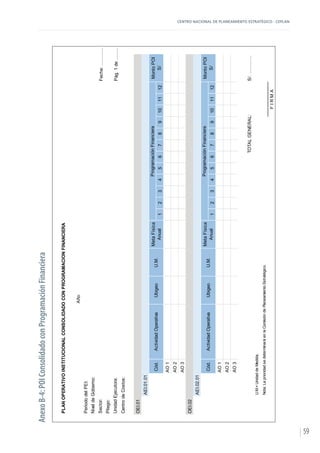 CENTRO NACIONAL DE PLANEAMIENTO ESTRATÉGICO - CEPLAN
59
AnexoB-4:POIConsolidadoconProgramaciónFinanciera
PLANOPERATIVOINSTITUCIONALCONSOLIDADOCONPROGRAMACIONFINANCIERA
Año:
PeriododelPEI:
Fecha:…………
Pág.1de……..
CentrodeCostos:
OEI.01
AEI.01.01
123456789101112
AO1
AO2
AO3
OEI.02
AEI.02.01
123456789101112
AO1
AO2
AO3
TOTALGENERAL:S/.…………
U.M.=UnidaddeMedida.
Nota:LaprioridadsedeterminaráenlaComisióndePlaneamientoEstratégico.
FIRMA
MontoPOI
S/
Sector:
Pliego:
UnidadEjecutora:
MontoPOI
S/
ProgramaciónFinanciera
ProgramaciónFinanciera
U.M.
MetaFísica
Anual
U.M.
MetaFísica
Anual
NiveldeGobierno:
Cód.ActividadOperativaUbigeo
Cód.ActividadOperativaUbigeo
 