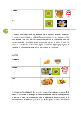 19
Comida
Cena
En este día, hemos introducido dos alimentos que no le gustan: la leche y el pescado.
En el desayuno se realizará un batido de fresa, ya que sabemos que le gusta mucho el
sabor a fresa. En la cena, se hará una sopa de pescado, el cual deberá estar muy
triturado. Además, hemos incorporado una comida que no le gusta: El puré. Los
padres de Laura deberán comunicarle que para poder comer la pechuga y el yogurt de
fresa (que es lo que más la gusta), tendrá que comer un poco de puré.
MARTES.
Desayuno
Comida
Cena
En este día, se han introducido dos alimentos nuevos: el pescado y el embutido. En la
comida se ha utilizado la estrategia de ponerle como primer plato un poco de pescado,
ya que es el plato menos apetecible para la adolescente. Posteriormente, se le
proporcionará los macarrones, ya que es uno de sus platos favoritos. Por último el
 