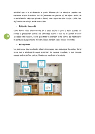 22
actividad que a la adolescente le guste. Algunos de los ejemplos, pueden ser:
conversar acerca de su tema favorito (las series mangas que ve), ver algún capítulo de
su serie favorita (skip beat y koukou debut), salir a jugar con ella, dibujar y pintar, leer
algún comic de manga, entre otras cosas.
 Extinción (Anexo 4)
Como hemos leído anteriormente en el caso, Laura se pone a llorar cuando sus
padres le prepararan comida con alimentos nuevos o que no le gustan. Cuando
aparezca esta situación, habrá que utilizar la extinción como técnica de modificación
de conducta: sus padres no deberán prestar atención a este tipo de conductas.
 Pictogramas
Los padres de Laura deberán utilizar pictogramas para estructurar la cocina, de tal
forma que la adolescente pueda encontrar, de manera inmediata, lo que necesita
cuando se la enseñe a cocinar. Un ejemplo puede ser el siguiente:
 