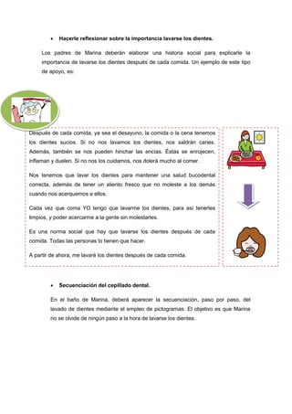 27
 Hacerle reflexionar sobre la importancia lavarse los dientes.
Los padres de Marina deberán elaborar una historia social para explicarle la
importancia de lavarse los dientes después de cada comida. Un ejemplo de este tipo
de apoyo, es:
 Secuenciación del cepillado dental.
En el baño de Marina, deberá aparecer la secuenciación, paso por paso, del
lavado de dientes mediante el empleo de pictogramas. El objetivo es que Marina
no se olvide de ningún paso a la hora de lavarse los dientes.
Después de cada comida, ya sea el desayuno, la comida o la cena tenemos
los dientes sucios. Si no nos lavamos los dientes, nos saldrán caries.
Además, también se nos pueden hinchar las encías. Éstas se enrojecen,
inflaman y duelen. Si no nos los cuidamos, nos dolerá mucho al comer.
Nos tenemos que lavar los dientes para mantener una salud bucodental
correcta, además de tener un aliento fresco que no moleste a los demás
cuando nos acerquemos a ellos.
Cada vez que coma YO tengo que lavarme los dientes, para así tenerles
limpios, y poder acercarme a la gente sin molestarles.
Es una norma social que hay que lavarse los dientes después de cada
comida. Todas las personas lo tienen que hacer.
A partir de ahora, me lavaré los dientes después de cada comida.
 