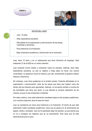 8
Juan, tiene 15 años, y es un adolescente que tiene Síndrome de Asperger. Está
realizando 3º de la ESO en un centro ordinario.
Juan presenta mucho interés y motivación hacia los estudios. Además, tiene altas
expectativas escolares, ya que su objetivo a largo plazo es hacer una carrera
universitaria. Le apasiona mucho la historia y por ello, actualmente le gustaría realizar
Historia y Patrimonio.
Sin embargo, Juan tiene problemas en el ámbito escolar. Presenta dificultades en la
organización y estructuración, tanto de las tareas que tiene que realizar como del
tiempo del que dispone para ejecutarlas. Además, no encuentra sentido a muchas de
las actividades que tiene que hacer, lo que dificulta la correcta realización de las
mismas, ya que no las comprende ni entiende.
Por estos motivos, Juan está obteniendo resultados bajos en las pruebas académicas,
y en muchas ocasiones, lleva la tarea sin hacer.
Juan se caracteriza por tener poca tolerancia a la frustración. El hecho de que esté
obteniendo malos resultados académicos, hace que se genere en él sentimientos de
agobio, estrés y ansiedad. Juan se ha planteado dejar de estudiar, ya que piensa que
no va a conseguir los objetivos que se va proponiendo. Esto hace que se esté
desmotivando poco a poco.
CASO 2:
DATOS DEL CASO
- Juan, 15 años
- Altas expectativas escolares
- Dificultades en la organización y estructuración de las tareas,
materiales y del tiempo.
- Poca tolerancia a la frustración.
- Bajo rendimiento académico y disminución de la motivación.
 