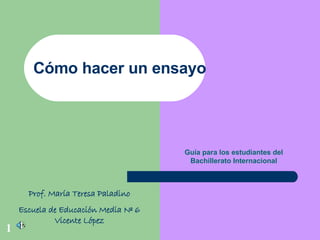 Cómo hacer un ensayo Guía para los estudiantes del Bachillerato Internacional Prof. María Teresa Paladino Escuela de Educación Media Nº 6 Vicente López 