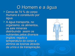 O Homem e a água




Cerca de 74 % do corpo
Humano é constituído por
água.
A água transporta, no
organismo, os alimentos,
os sais minerais
distribuindo assim os
nutrientes pelos diversos
órgãos; regula a
temperatura do corpo e
elimina as toxinas através
da urina e da transpiração.

 