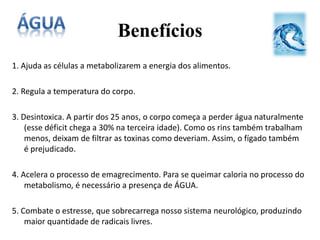 1. Ajuda as células a metabolizarem a energia dos alimentos.
2. Regula a temperatura do corpo.
3. Desintoxica. A partir dos 25 anos, o corpo começa a perder água naturalmente
(esse déficit chega a 30% na terceira idade). Como os rins também trabalham
menos, deixam de filtrar as toxinas como deveriam. Assim, o fígado também
é prejudicado.
4. Acelera o processo de emagrecimento. Para se queimar caloria no processo do
metabolismo, é necessário a presença de ÁGUA.
5. Combate o estresse, que sobrecarrega nosso sistema neurológico, produzindo
maior quantidade de radicais livres.
Benefícios
 