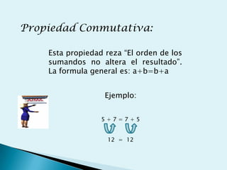 Propiedad Conmutativa:

    Esta propiedad reza “El orden de los
    sumandos no altera el resultado”.
    La formula general es: a+b=b+a


                   Ejemplo:


                  5+7=7+5


                   12 = 12
 