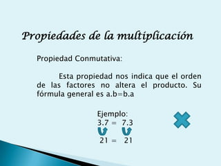 Propiedades de la multiplicación

  Propiedad Conmutativa:

       Esta propiedad nos indica que el orden
  de las factores no altera el producto. Su
  fórmula general es a.b=b.a

                 Ejemplo:
                 3.7 = 7.3

                  21 = 21
 