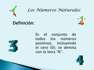 Los Números Naturales


Definición:

              Es el conjunto de
              todos los números
              positivos, incluyendo
              el cero (0); se denota
              con la letra “N”.
 