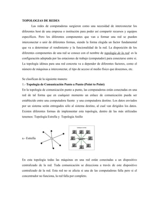 TOPOLOGIAS DE REDES
        Las redes de computadoras surgieron como una necesidad de interconectar los
diferentes host de una empresa o institución para poder así compartir recursos y equipos
específicos. Pero los diferentes componentes que van a formar una red se pueden
interconectar o unir de diferentes formas, siendo la forma elegida un factor fundamental
que va a determinar el rendimiento y la funcionalidad de la red. La disposición de los
diferentes componentes de una red se conoce con el nombre de topología de la red: es la
configuración adoptada por las estaciones de trabajo (computador) para conectarse entre si.
La topología idónea para una red concreta va a depender de diferentes factores, como el
número de máquinas a interconectar, el tipo de acceso al medio físico que deseemos, etc.


Se clasifican de la siguiente manera:
1.- Topología de Comunicación Punto a Punto (Point to Point)
En la topología de comunicación punto a punto, las computadoras están conectadas en una
red de tal forma que en cualquier momento un enlace de comunicación pueda ser
establecido entre una computadora fuente y una computadora destino. Los datos enviados
por un sistema serán entregados sólo al sistema destino, al cual van dirigidos los datos.
Existen diferentes formas de implementar esta topología, dentro de las más utilizadas
tenemos: Topología Estrella y Topología Anillo




a.- Estrella




En esta topología todas las máquinas en una red están conectadas a un dispositivo
centralizado de la red. Toda comunicación se direcciona a través de este dispositivo
centralizado de la red. Esta red no se afecta si una de las computadoras falla pero si el
concentrador no funciona, la red falla por completo.
 