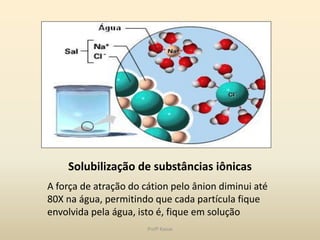 Solubilização de substâncias iônicas
A força de atração do cátion pelo ânion diminui até
80X na água, permitindo que cada partícula fique
envolvida pela água, isto é, fique em solução
                       Profª Kasue
 
