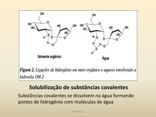 Solubilização de substâncias covalentes
Substâncias covalentes se dissolvem na água formando
pontes de hidrogênio com moléculas de água
                        Profª Kasue
 