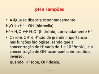 pH e Tampões

• A água se dissocia espontaneamente:
H2O ↔H+ + OH- (hidroxila)
H+ + H2O ↔ H3O+ (hidrônio) abreviadamente H+
• Os íons OH- e H+ são de grande importância
  nas funções biológicas, sendo que a
  concentração de H+ varia de 1 a 10-14mol/L, e a
  concentração de OH- acompanha em sentido
  inverso:
  quando H+ sobe, OH- desce.
                      Profª Kasue
 