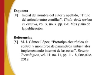 Esquema
[#] Inicial del nombre del autor y apellido, "Título
del artículo entre comillas", Título de la revista
en cursiva, vol. x, no. x, pp. x-x. Mes y año de
la publicación.
Referencias
[5] M. J. Gámez López, “Prototipo electrónico de
control y monitoreo de parámetros ambientales
implementando internet de las cosas”. Revista
Tecnológica, vol. 11, no. 11, pp. 11-18, Ene./Dic.
2018.
 