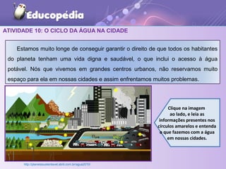 ATIVIDADE 10: O CICLO DA ÁGUA NA CIDADE
Estamos muito longe de conseguir garantir o direito de que todos os habitantes
do planeta tenham uma vida digna e saudável, o que inclui o acesso à água
potável. Nós que vivemos em grandes centros urbanos, não reservamos muito
espaço para ela em nossas cidades e assim enfrentamos muitos problemas.
Clique na imagem
ao lado, e leia as
informações presentes nos
círculos amarelos e entenda
o que fazemos com a água
em nossas cidades.
http://planetasustentavel.abril.com.br/agua2010/
 