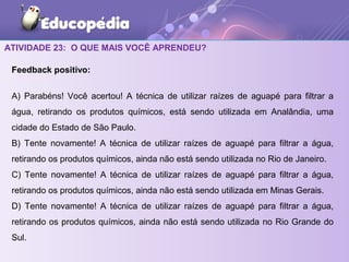 ATIVIDADE 23: O QUE MAIS VOCÊ APRENDEU?
Feedback positivo:
A) Parabéns! Você acertou! A técnica de utilizar raízes de aguapé para filtrar a
água, retirando os produtos químicos, está sendo utilizada em Analândia, uma
cidade do Estado de São Paulo.
B) Tente novamente! A técnica de utilizar raízes de aguapé para filtrar a água,
retirando os produtos químicos, ainda não está sendo utilizada no Rio de Janeiro.
C) Tente novamente! A técnica de utilizar raízes de aguapé para filtrar a água,
retirando os produtos químicos, ainda não está sendo utilizada em Minas Gerais.
D) Tente novamente! A técnica de utilizar raízes de aguapé para filtrar a água,
retirando os produtos químicos, ainda não está sendo utilizada no Rio Grande do
Sul.
 