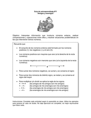 Guía de autroaprendizaje Nº1
                               “Amigos y enemigos”




Objetivo: Interpretar información que involucra números enteros, realizar
comparaciones y operaciones entre ellos y resolver situaciones problemáticas en
las que intervienen dichos números.

 Recuerde que:

        El conjunto de los números enteros está formado por los números
        positivos (+), los negativos (-) y el cero (0).

        Los números positivos son mayores que cero (a la derecha de la recta
        numérica)

        Los números negativos son menores que cero (a la izquierda de la recta
        numérica)

                               -             0               +

        Para sumar dos números negativos, se suman y se conserva el signo

        Para sumar dos números de distinto signo, se restan y se conserva el
        signo del mayor

        Para multiplicar y/o dividir se aplica la regla de los signos
        + +=+         (los amigos de mis amigos son mis amigos)
        + -=-         (los amigos de mis enemigos son mis enemigos)
        - +=-         (los enemigos de mis amigos son mis enemigos)
        - -=-         (los enemigos de mis enemigos son mis amigos)




Instrucciones: Complete cada actividad según lo aprendido en clase. Utilice los ejemplos
para guiarse en caso de dudas. No deje ejercicios sin completar, es mejor equivocarse
que hacer nada.
 