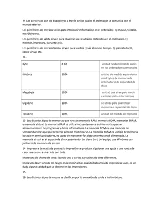 11-Los periféricos son los dispositivos a través de los cuales el ordenador se comunica con el
mundo exterior.
Los periféricos de entrada sirven para introducir información en el ordenador. Ej: mouse, teclado,
micrófono etc.
Los periféricos de salida sirven para observar los resultados obtenidos en el ordenador. Ej:
monitor, impresora, parlantes etc.
Los periféricos de entrada/salida sirven para las dos cosas al mismo tiempo. Ej: pantalla táctil,
casco virtual etc.
12-
Byte 8 bit unidad fundamental de datos
en los ordenadores personales
Kilobyte 1024 unidad de medida equivalente
a mil bytes de memoria de
ordenador o de capacidad de
disco
Megabyte 1024 unidad que sirve para medir
cantidad datos informáticos
Gigabyte 1024 se utiliza para cuantificar
memoria o capacidad de disco
Terabyte 1024 unidad de medida de memoria
13- Los distintos tipos de memorias que hay son memoria RAM, memoria ROM, memorias SRAM,
y memoria Virtual. La memoria RAM se utiliza frecuentemente en informática para el
almacenamiento de programas y datos informativos. La memoria ROM es una memoria de
semiconductores que puede leerse pero no modificarse. La memoria SRAM es un tipo de memoria
basada en semiconductores, es capaz de mantener los datos mientras esté alimentada. La
memoria virtual es el espacio de almacenamiento del disco duro del equipo que Windows usa
junto con la memoria de acceso.
14- Impresora de matiz de puntos: la impresión se produce al golpear una aguja o una rueda de
caracteres contra una cinta con tinta.
Impresora de chorro de tinta: lizando uno o varios cartuchos de tinte diferentes.
Impresora láser: uno de los rasgos más importantes cuando hablamos de impresoras láser, es sin
duda alguna calidad que se obtiene en las impresiones.
15-
16- Los distintos tipos de mouse se clasifican por la conexión de cable e inalámbricos.
 